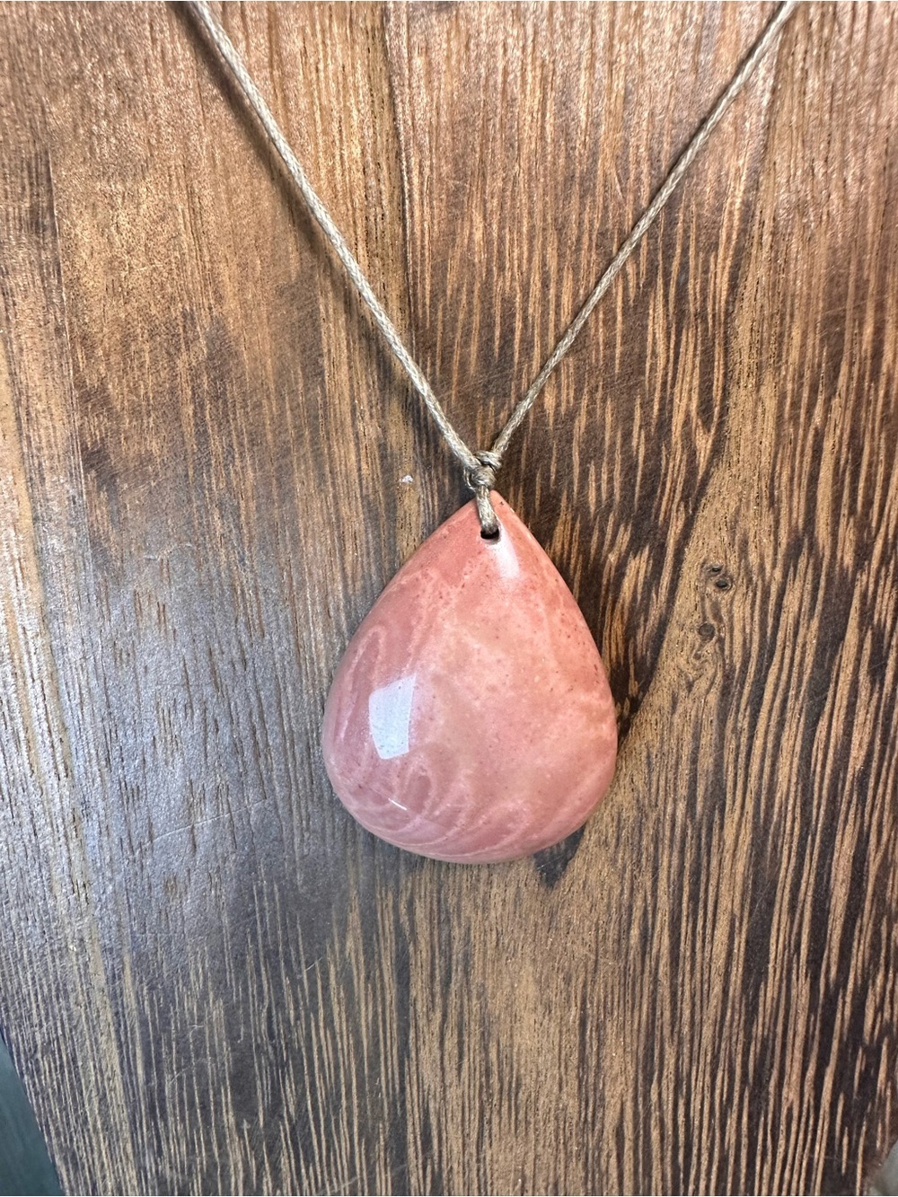 Minimalist Polychrome Jasper Teardrop Pendant Necklace on Thin Brown Rope - Picture 10 of 16